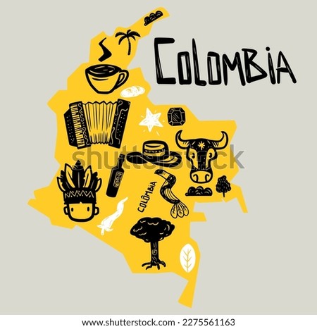 Saparated vector hand drawn stylized map of Colombia landmarks. Travel illustration. Colombia geography illustration. South America map element