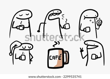 Set of coffee-themed flork memes. All characters with a cup of coffee in hand.