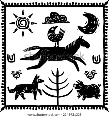 Woodcut in armorial style. Farm animals and symbols