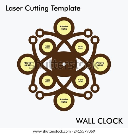 Modern Photo Wall Clock Laser cutting file of wall clock with option of 8 photos for wall and home decor. Vector photo wall clock mockup for mdf and acrylic cutting.