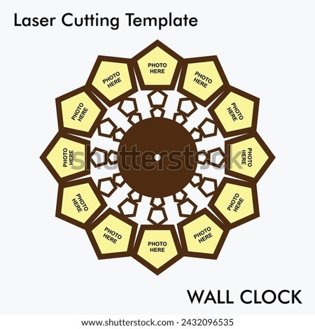 Modern Laser cutting wall clock with 12 photos option best for wall and home decor. vector wall clock template for mdf and acrylic cutting. Room decor wall clock cut file.