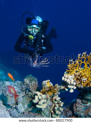 Female scuba diver exploring rich coral gardens