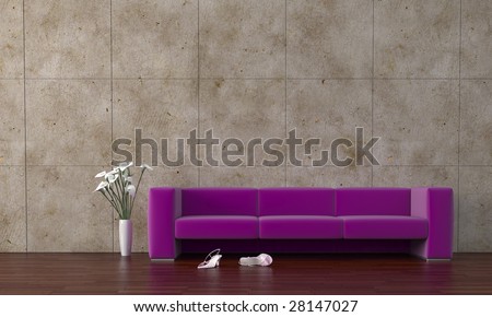 Modern purple sofa with calla Lilly and woman shoes