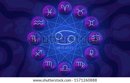 Vector image of zodiac wheel or circle with twelve zodiac sign symbols closed in glass spheres. Astrological calendar isolated on night starry sky with cancer sign and date range in the center.