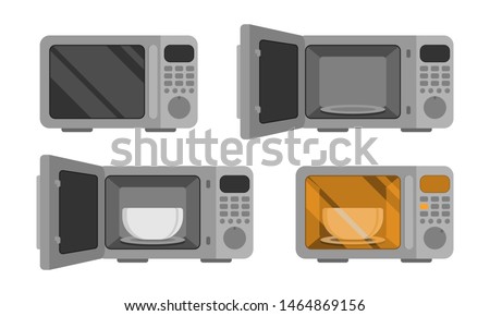 Microwave oven. Vector set  illustration. Power off, open, with dish, power on. An automatic appliances used for cooking
