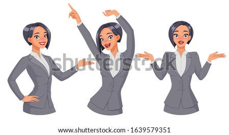 Pretty smiling businesswoman in different poses. Showing, dancing and shrugging. Release clipping masks for full size. Set of vector illustrations isolated on white background.