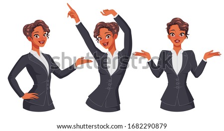 Pretty smiling businesswoman in different poses. Showing, dancing and shrugging. Release clipping masks for full size. Set of vector illustrations isolated on white background.