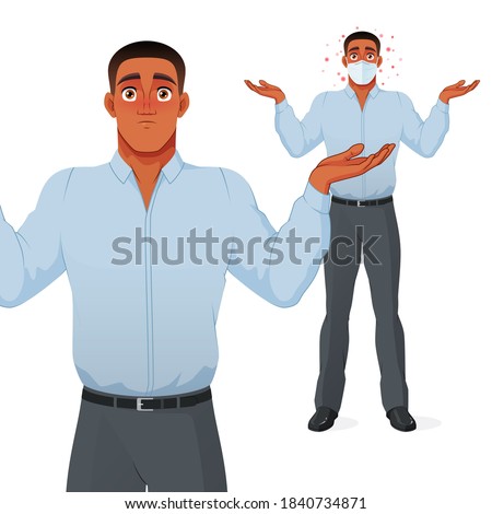 Questioning businessman shrugging shoulders. I don't know expression. Vector cartoon character isolated on white background EPS10.