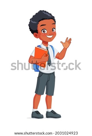 African American school boy in uniform waving hand. Cartoon vector illustration isolated on white background.