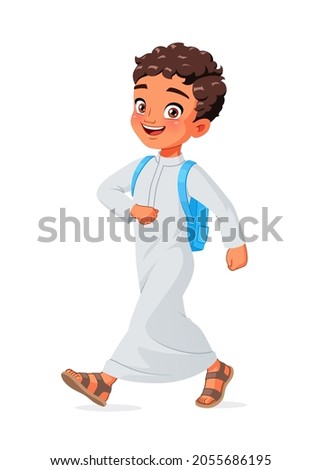 Happy Arab school boy walking with backpack. Cartoon vector illustration isolated on white background.