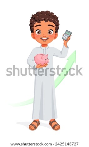 Little Arab boy with piggy bank and calculator. Smart kid saving money for future. Cartoon vector illustration isolated on white background.