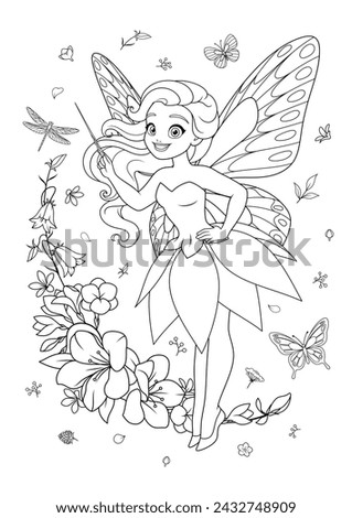 Cute flying fairy with a magic wand surrounded with flowers. Vector black and white illustration for coloring book page.