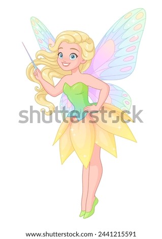 Cute flying fairy with a magic wand. Vector illustration isolated on white background.