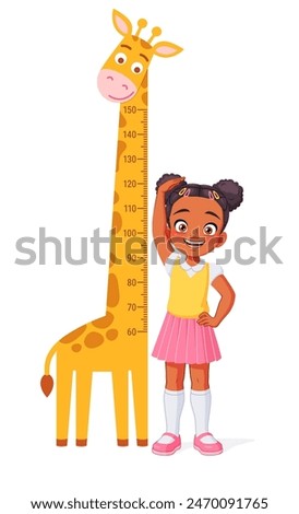 Cute little African American girl measuring her height with a giraffe on the background wall. Cartoon style vector illustration isolated on white background.