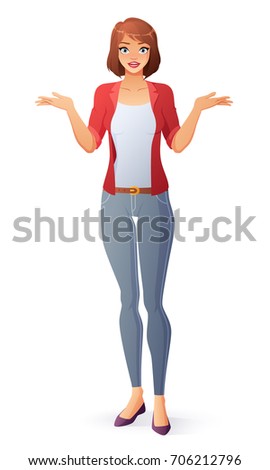 Questioning young cute woman shrugging shoulders. Vector illustration isolated on white background.