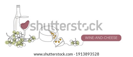 Wine and Cheese vector color illustration, background, banner for label design. One continuous line drawing of local wine with cheese with lettering Wine-and-Cheese. Editable black stroke.