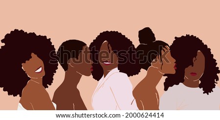 Group of African American pretty girls. Female portrait. Black beauty concept. Vector Illustration of Black Woman. Great for avatars. Fashion, beauty