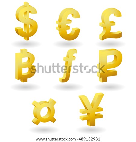 Golden 3D currency symbols, realistic of currency icon. Vector illustration 