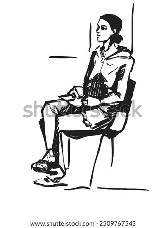 Drawing on chair woman sitting taking notes in notebook. People Sketch figure human marker ink outline line clip art illustration listen lecture training psychologist appointment Personal development