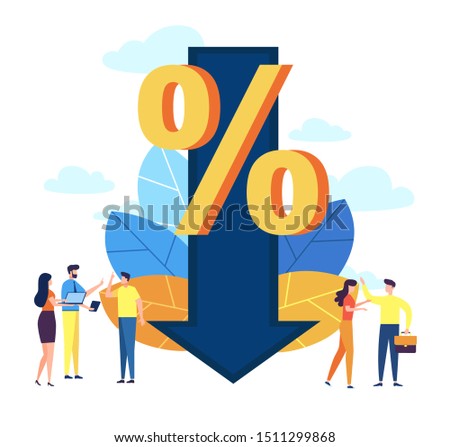 Vector illustration, percent goes down, big arrow and small people, percent drop. Concept illustration in vector flat cartoon style