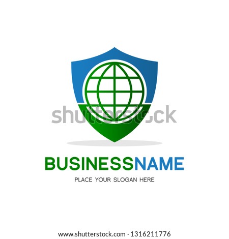 Shield earth vector logo template . This logo is suitable for protection, guard, save earth, safe, green, blue, globe and security.