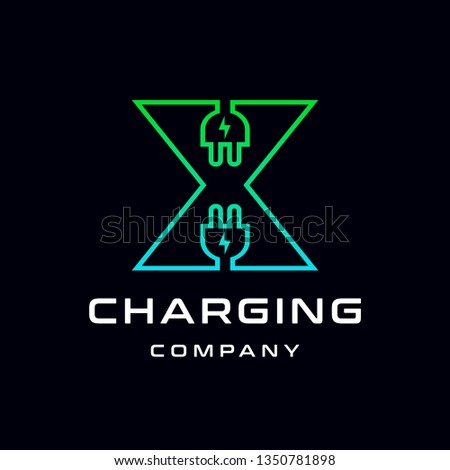 Letter X Electric Plug vector logo template. Font with green and blue gradient graphic.  Technology background. This alphabet is suitable for energy, power, cable, wire, electrical, device, connect.