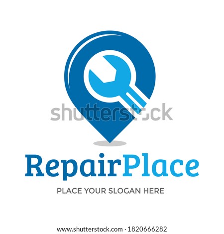 Repair place vector logo template. This design use pin and wrench symbol. Suitable for fix.