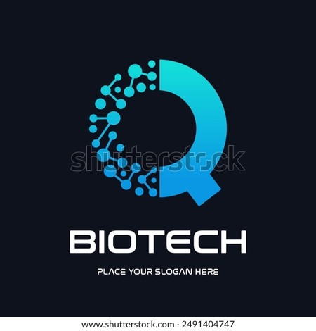 Letter Q biotechnology vector logo template. This logo use molecule symbol. Suitable for biology and chemistry.