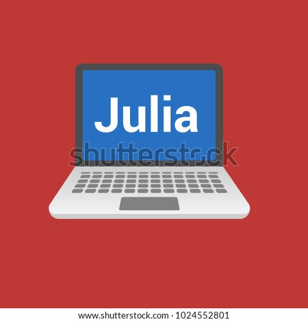 Julia programming language. Laptop flat design on red background