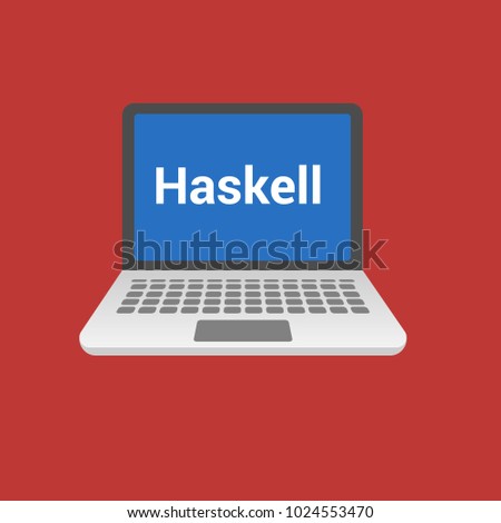 Haskell programming language. Laptop flat design on red background