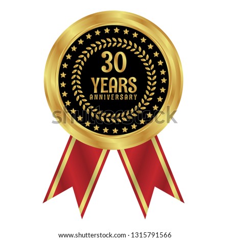 Gold button with 30 years anniversary . emblem, label, badge,sticker, logo. Designed for celebration or anniversary