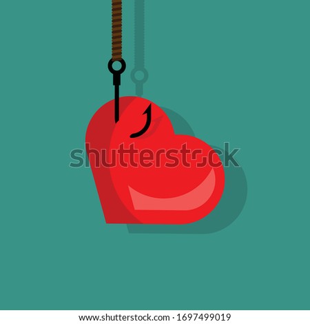 like concept - Red Heart Fishing Hook.Conceptual vector illustration in flat style design.Isolated on background.