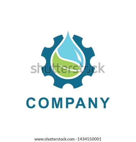 Water, leaf with gear logo design vector. Illustration of fresh water and gear cog for energy ecology and industrial company