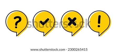 Icon set of check mark, cross, question mark, exclamation point, information icon. FAQ sign. Tick, question, information and answers mark. Help symbol. Vector illustration