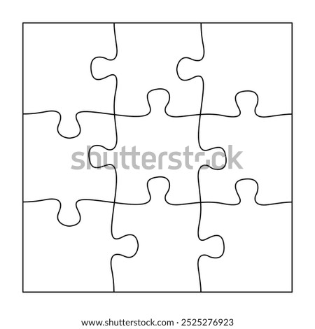 Puzzles grid template. Jigsaw puzzle 9 pieces, thinking game and 3x3 jigsaws detail frame design. vector illustration