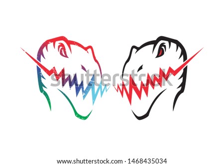 Raptor, t-rex head rainbow color Illustration with red eye zig zag mouth/tooth
