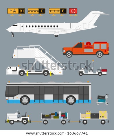 Airport info graphic set with business jet, passenger bus and baggage carts
