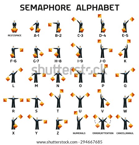 Semaphore alphabet flags on a white background in black uniform