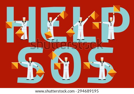 Help and SOS semaphore flags and text on red background