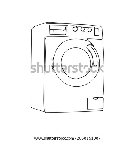 Washer and dryer line drawing. One line art of home appliance, bathroom, laundry room, clean linen, washing machine.
