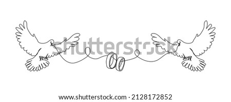 Birds with wedding rings line art. Continuous line drawing of two doves, engaged rings, family, couple, love, birds, feelings, love, relationships, passion.