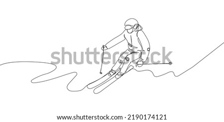 Man skiing down the mountain one line art. Continuous line drawing sport, winter sports, do tricks, skis, ski poles,, competition, extreme, uniform, man, woman, leisure, hobby.