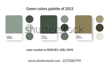 Green colors palette of 2023. Trend color guide collection in RGB, CMYK. Color set for military, fashion, home interior, design.