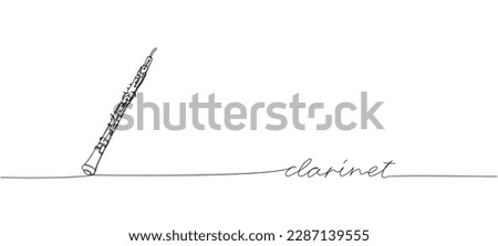 Clarinet one line art. Continuous line drawing of wind, symphony, retro, clarinet, bass, oboe, sax, music, flute, jazz, orchestra, horn with an inscription, lettering, handwritten.
