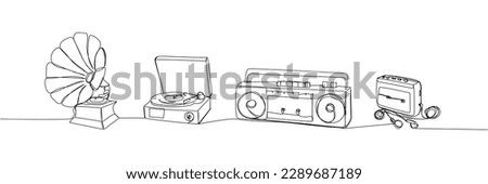 Record Player set, Turntable, Gramophone, tape recorder one line art. Continuous line drawing of vinyl, record, melody, studio, electronic, music, vintage, dj, phonograph, antique, disco, audio