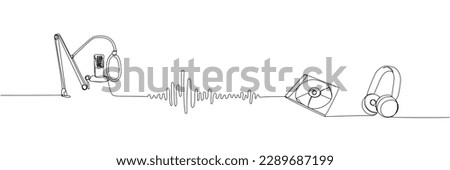 Audio recording set one line art. Continuous line drawing of microphone and pop filter, musical, headphones, sd disk, music waves, broadcasting, karaoke, audio, retro, record, broadcast media