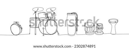 Drums set one line art. Continuous line drawing of play, drum, kit, buhai, darbuka, bongos, big drum, buhalo and cymbal, music, song, vintage, rock, instrument, band, percussion bass musician