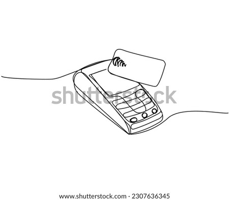 Contactless bank card, credit card in payment terminal, Credit Card Machine one line art. Continuous line drawing of bank, money, finance, financial, payment, data, savings, economic, wealth, credit