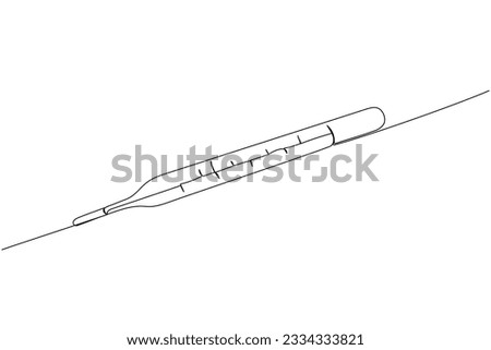 Mercury thermometer, medical supplies, equipment one line art. Continuous line drawing of medication, needle, healthcare, clinical, disposable, tool, temperature, fever, healthy