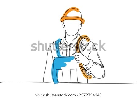 Builder with cable, hose in work uniform, protective overalls, hard hat, electrician one line art. Continuous line color drawing of repair, professional, hand, people, concept, support, maintenance.